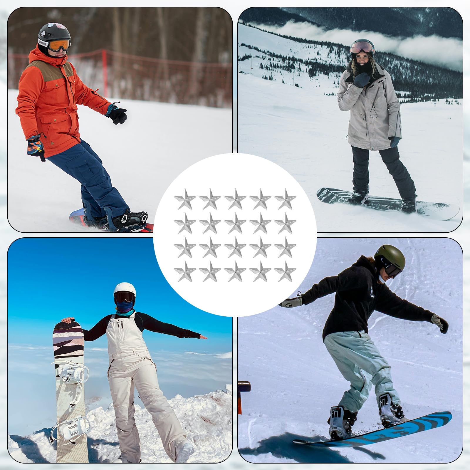 lasuroa 20pz Pentagram Stomp Pad Snowboard, Silver Snowboard Grip Pad Anti-Scivolo Snowboard Step Pads Accessori Invernali Neve Sci per Fornire Extra Grip