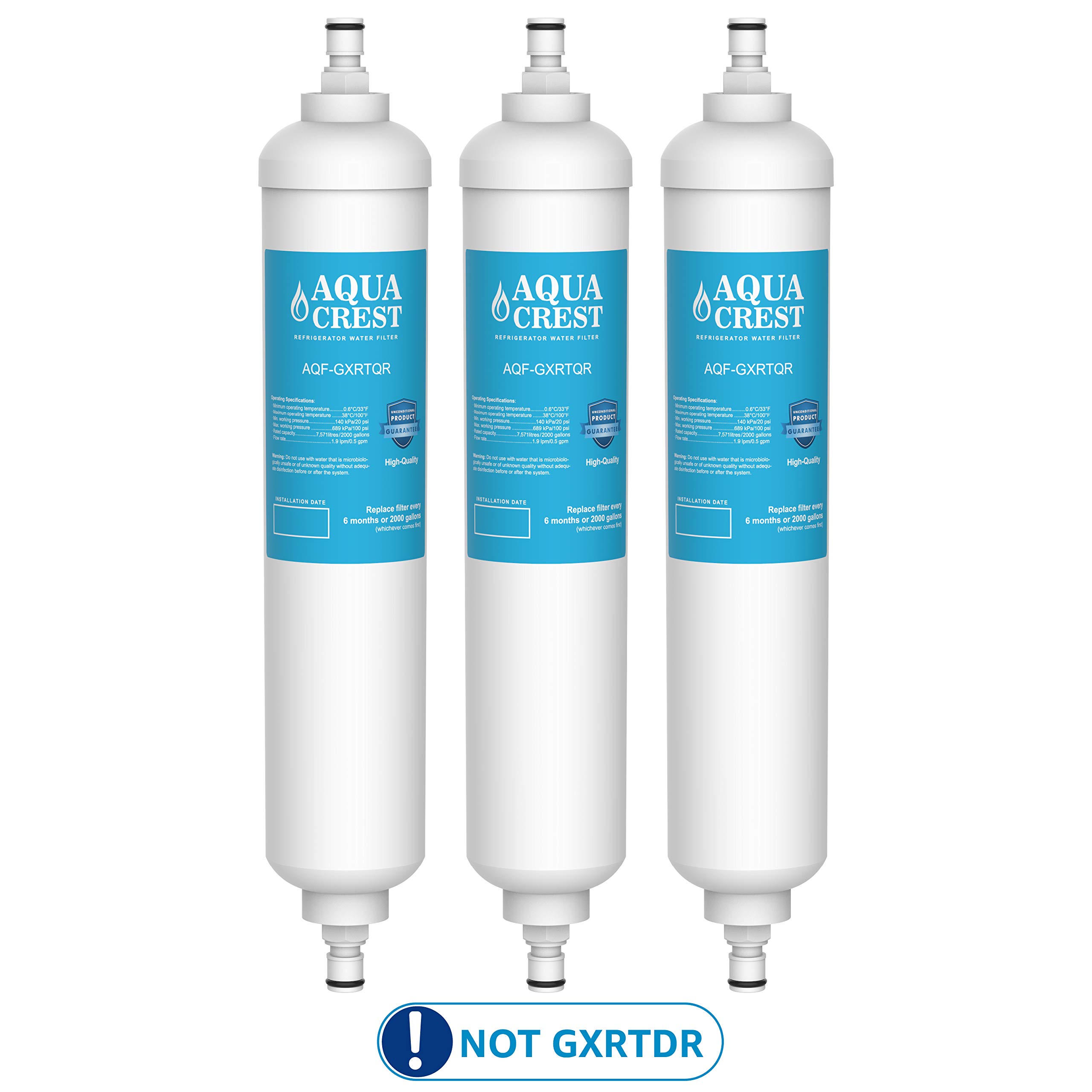 AQUA CRESTGXRTQR Inline Water Filter, NSF Certified, Replacement for GE® GXRTQR, GXRTQ, Carbon Block Media Ensures 99% Chlorine Reduction, 3 Filters (Package may vary)