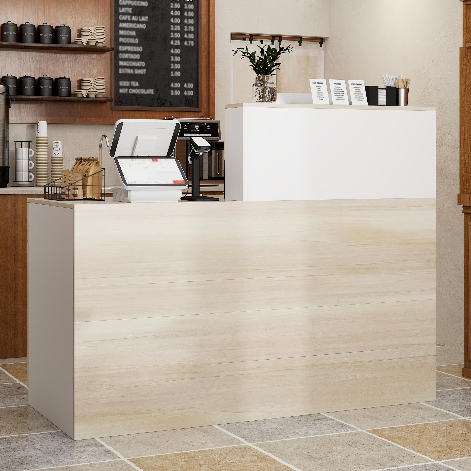 Caldion Rezeptionstheke 140cm mit Schublade und Regalen Weiß Eiche 140x60x110cm