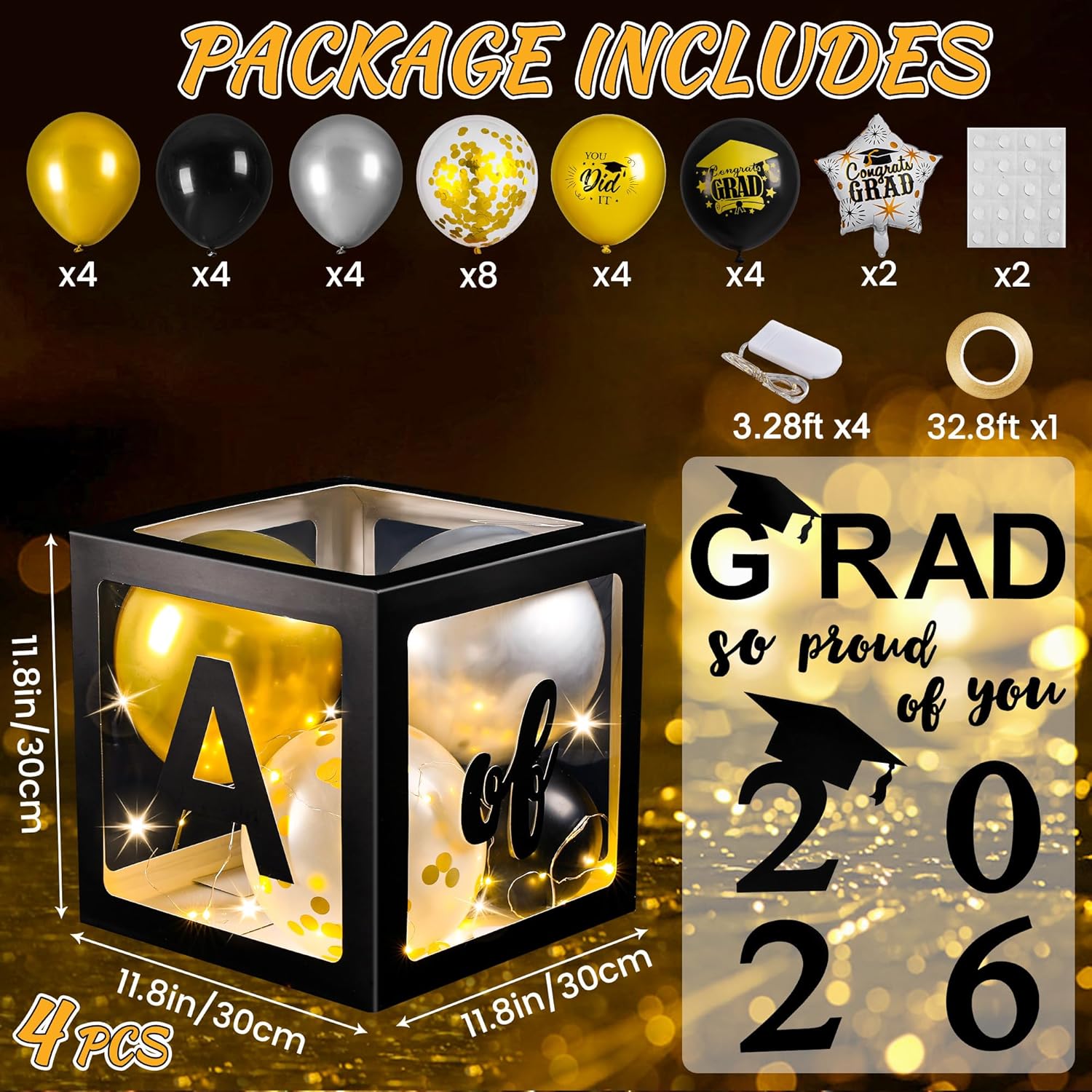 AYGXU Graduation Decorations 2026-Graduation Party Decorations,Graduation Balloons Boxes(4PCS) with LED Light Strings & Letters 2026 GRAD So Proud of You,Party Favors For Any Grades Class.