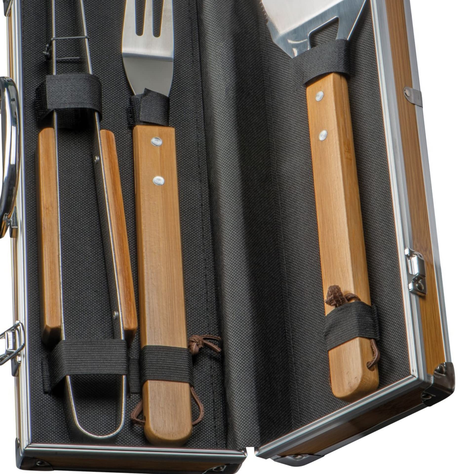 Set di 3 posate per barbecue, in valigetta in metallo effetto bambù, con pinza, forchetta e paletta per barbecue