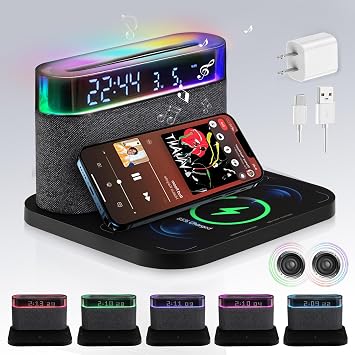 Bluetooth Alarm Clock with Wireless Charging,6-in-1 Alarm Clocks for bedrooms Alarm Clock Bluetooth Speaker Wireless Charging, 3 Level Brightness&Colorful Light,SnoozeBlack