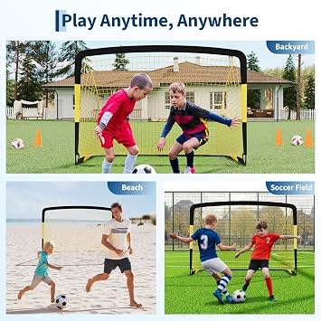 6x4 ft Soccer Goal Set, Portable 2-Pack Pop Up Nets with Ball, Pump, Cones & Bag Kids Backyard Soccer Equipment, Easy Assembly