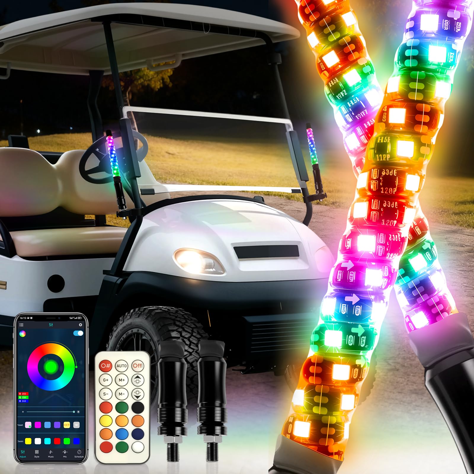 View 1 of 2PCS 1FT Whip Lights for All Golf Cart Yamaha Club Car Ezgo with Spring Base, Buletooth APP & Remote Contral with Turn Signal Brake Lights,Waterproof IP68 Spiral RGB LED Chasing Pole Light