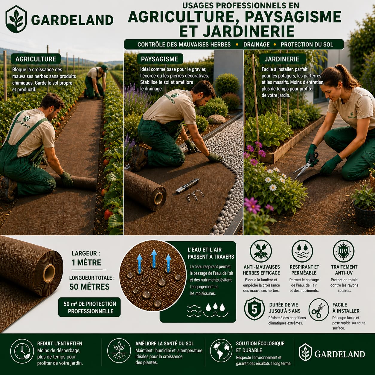 Toile de Paillage Marron Géotextile Non Tisse -Premium 5 Ans Protection UV- Rouleau de 50 Mètre x 1 Mètre -Toile Anti Mauvaises Herbes 90gr/m2 - NE S'EFFILOCHE Pas à la Coupe Fabriqué en UE