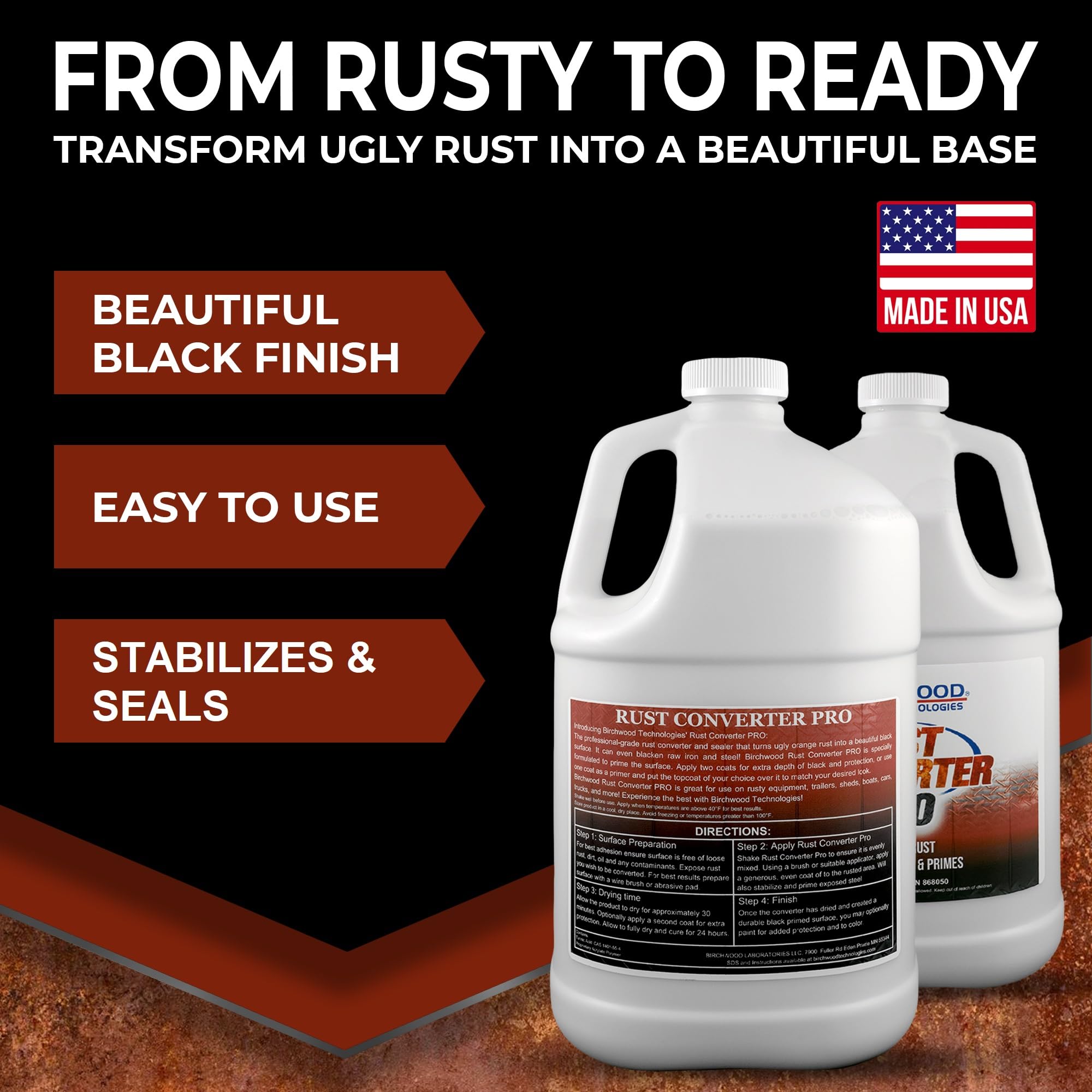 Birchwood Technologies Rust Converter PRO - Concentrado grueso para una mejor cobertura, 4 en 1 estabiliza el óxido, ennegrece, sellos y imprimaciones. Grado profesional de contratista, a base de agua