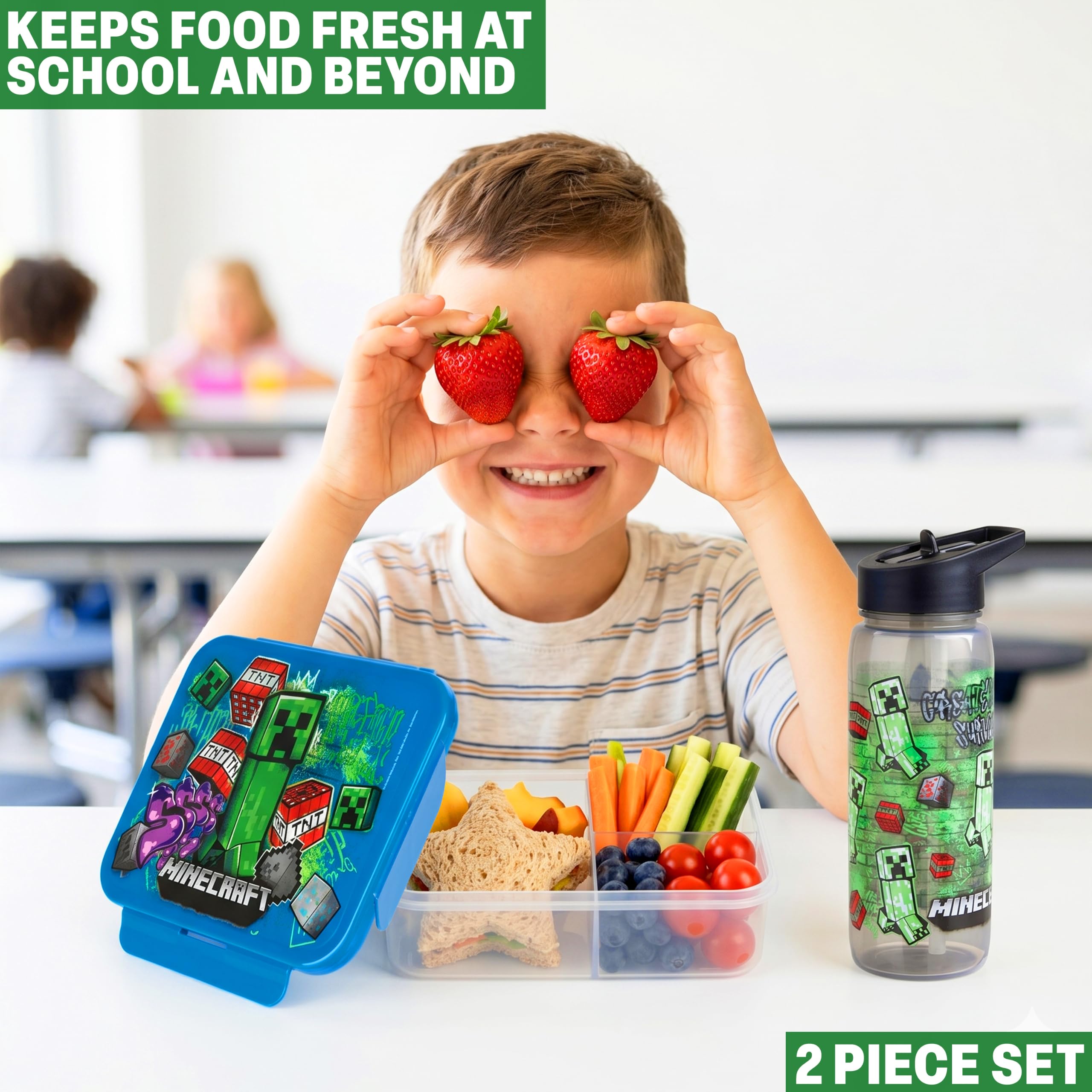 Get Trend Minecraft Porta Pranzo Bambini, Set 2 Pezzi con Senza BPA Bento Box 3 Scomparti e Borraccia Coperchio Apribile con Cannuccia 640ml, Scuola Idea Regalo (Multi Minecraft)
