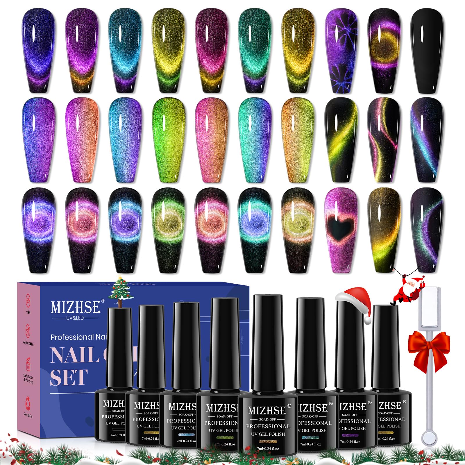 MIZHSE 8 Colors 9D Cat Eye Gel Nail Polish, Upgraded Magnetic Gel Polish Kit with Magnet Stick, Galaxy Chameleon Effect Silk Cat Eye Nail Polish Soak Off Nail Art Salon Manicure Home Ladies Gift