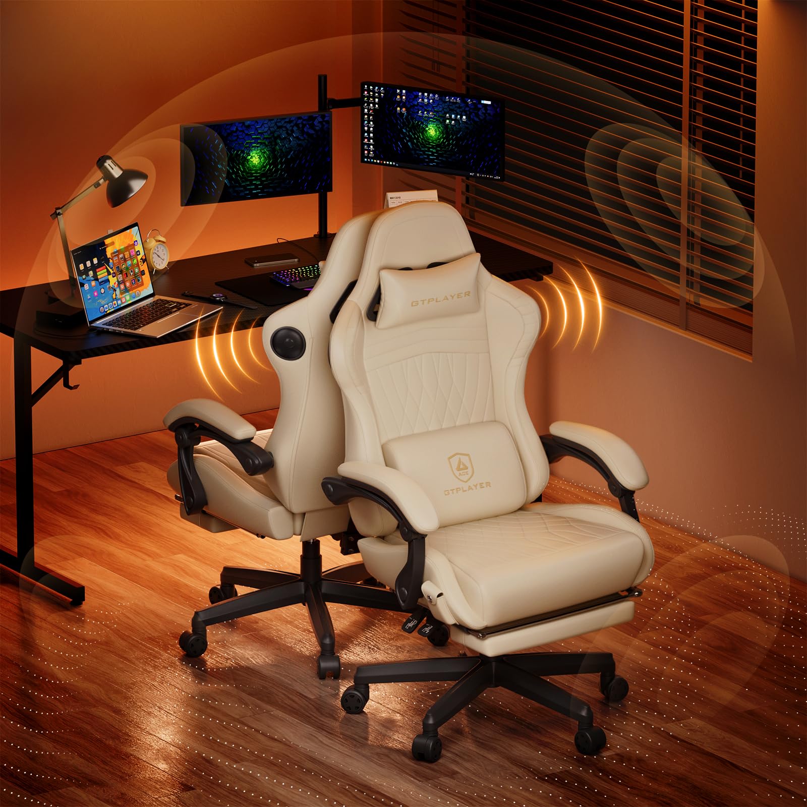 gtplayer gaming chair with speakers video game chairs with footrest pc gamer chairs for adults - padded high back ergonomic reclining silla gamer linkage armrest ace pro ivory new