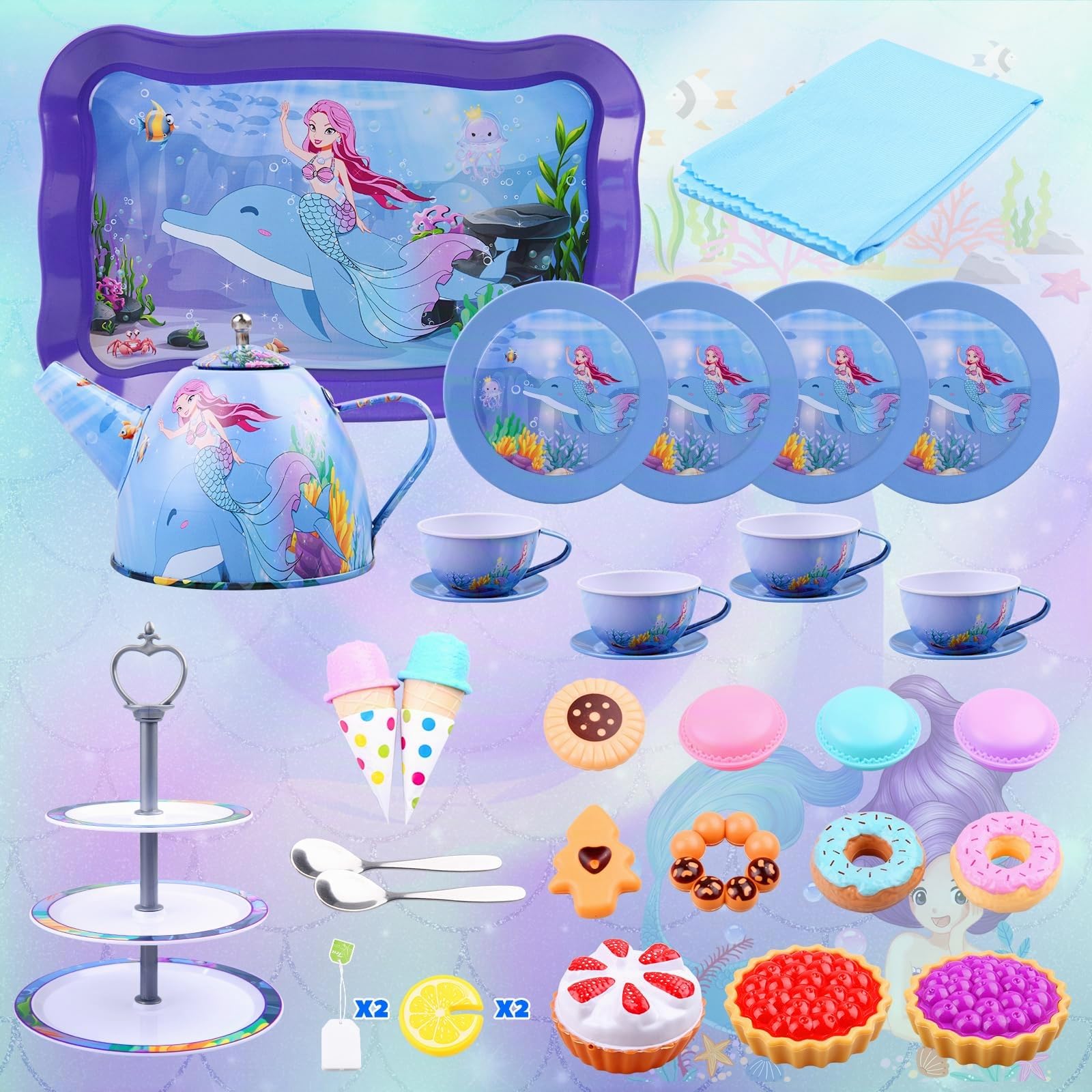36 PCS Set da Tè Giocattoli per Bambini, Giocattoli Unicorno di Latta Tea Party Finta di Giocare con Dessert Donut, 13 PCS Giocattoli da Dessert Regalo per Bambina (sirena)