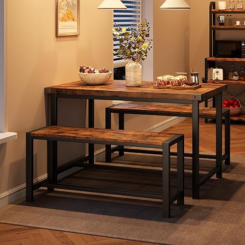 Miniatura 10 de Juego de mesa de comedor para 4 personas con 2 bancos, juego de mesa de cocina de 3 piezas, juego de comedor que ahorra espacio para cocina,