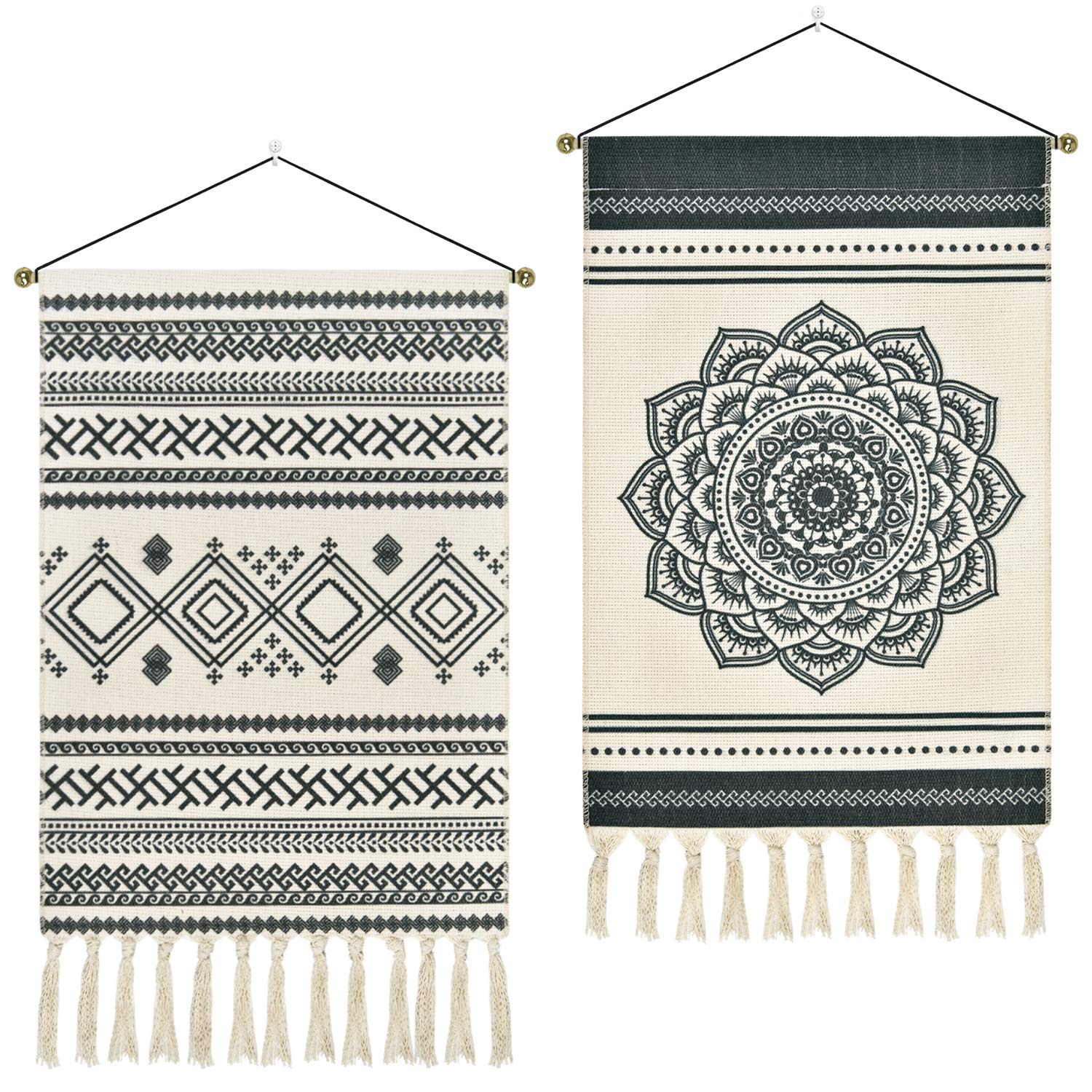 Boniboni2 Pcs Macrame Woven Tapestry Bohemian Mandala Tapestries Geometric Art Tapestry Dark Gray Tapestry Wall Hanging for Apartment, Dorm Room