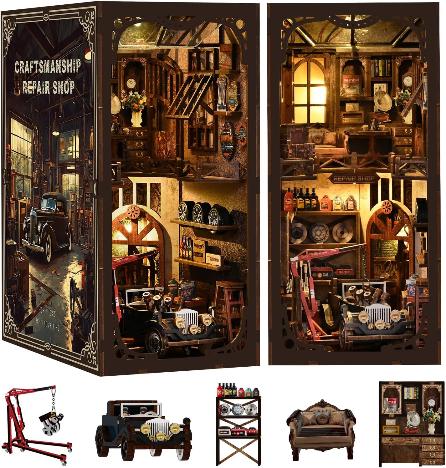 DIY Book Nook Kit for Adults – Vintage Car Repair Shop Bookshelf Decor with LED Lights, 3D Wooden Puzzle Craft Kit, Mini House Building Kit for Car Enthusiasts