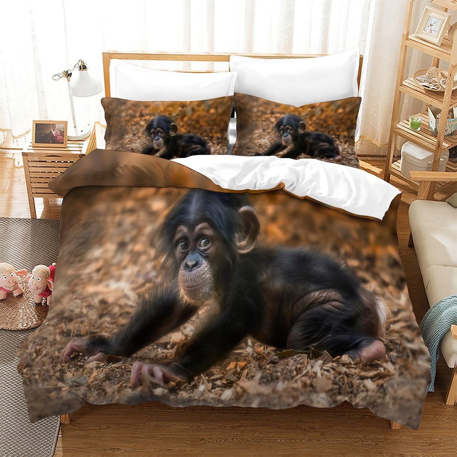 P1S9U7W5Y 3D Printed Realistic Chimpanzee 3pcs Microfiber Duvet Cover Set Animal Bedding Set Double
