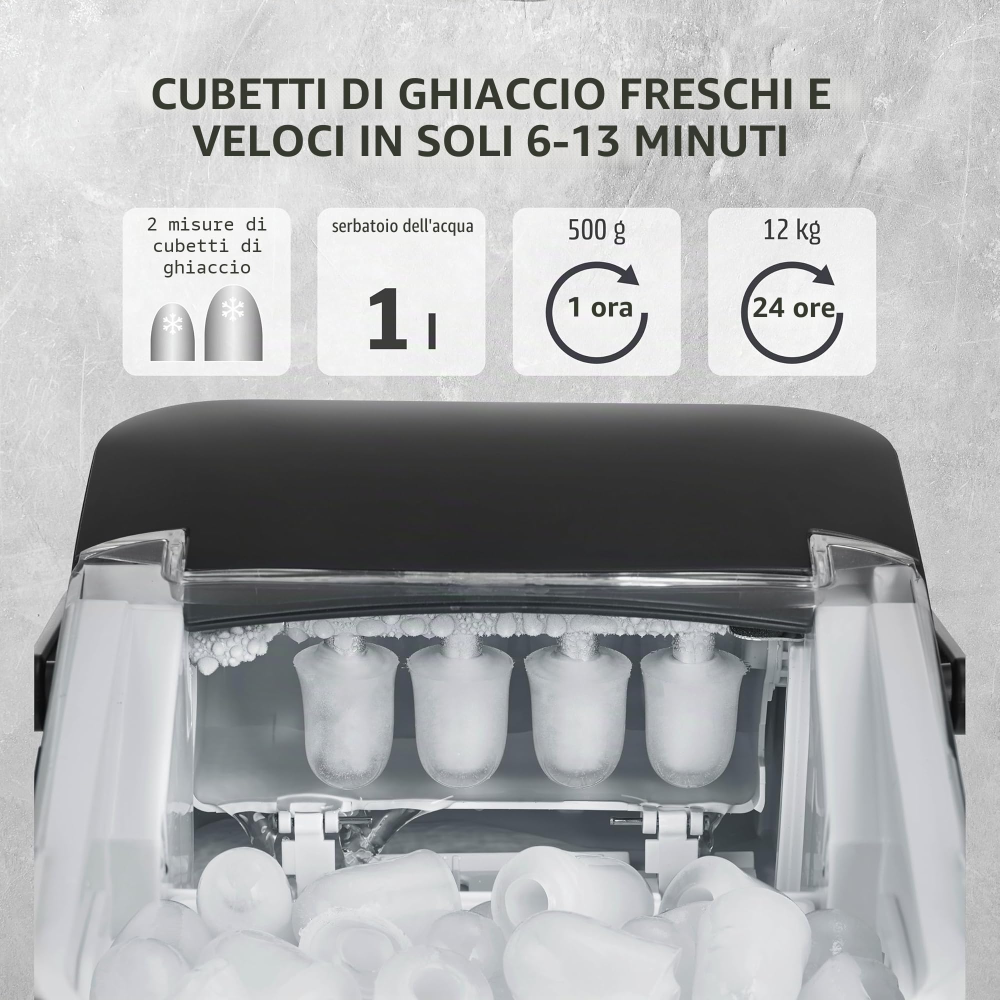 CASO IceChef compact - Macchina del ghiaccio autopulente, macchina per il ghiaccio con serbatoio da 1L, ideale per casa e cucina, produce ghiaccio in 6 minuti, fino a 12 kg in 24 ore, nero