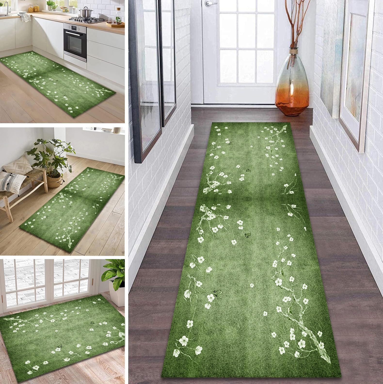 Tapis de couloir anti glisse lavable grand tapis de passage vert