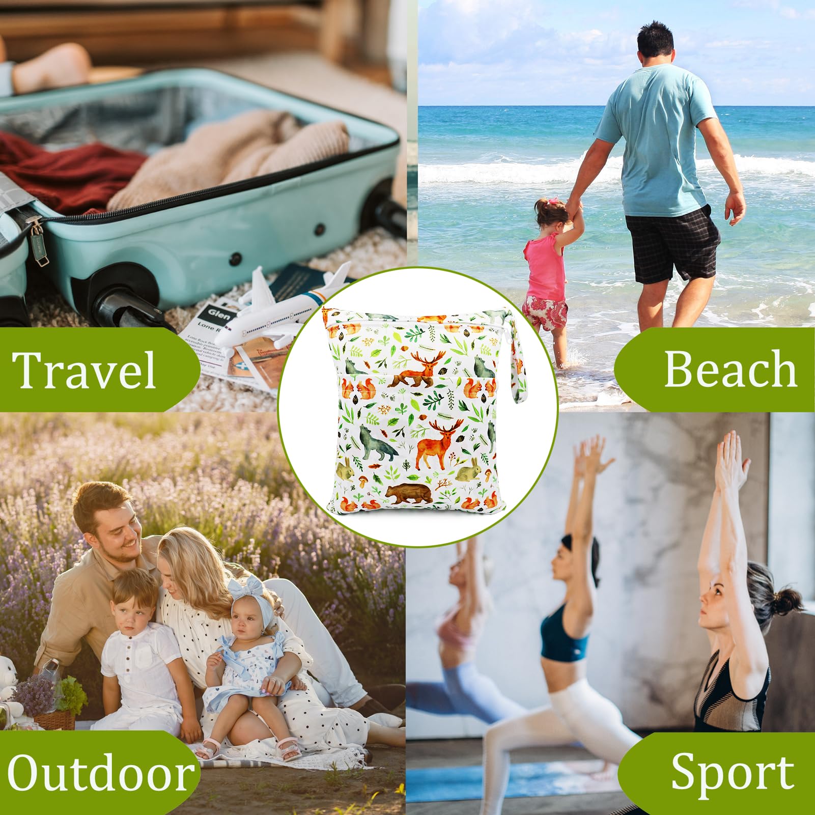 Wet Bag, Wet Dry Bags for Cloth Diapers Nappy Daycare Organiser Storage Bags, Waterproof Washable Reusable Zipper Bag (White Animal) - 5