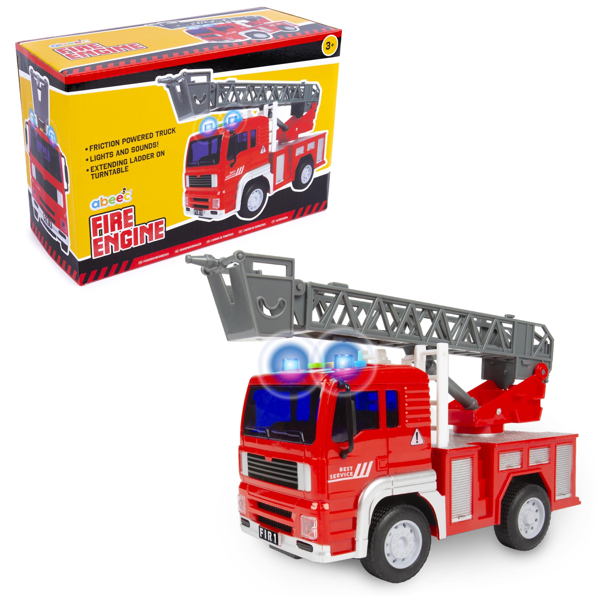abeec Fire Engine Toy Truck for Kids | Friction Powered Fire Truck with Lights, Siren & Extending Ladder | Emergency Rescue Vehicle | Gift Boxed | Age 3+
