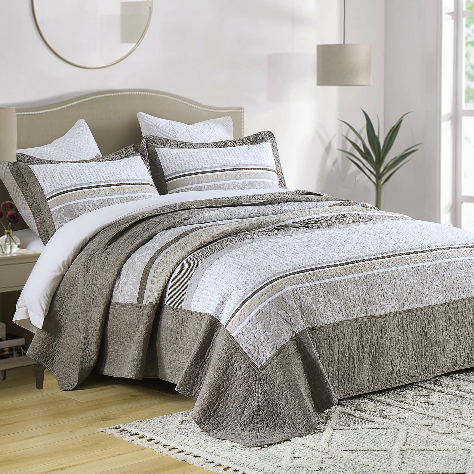 DDUOXIN Oversized King Bedspread 128"x120" - 100% Cotton Lightweight Thin Quilt for California Bed with 2 Pillow Shams, Farmhouse Stripe Reversible