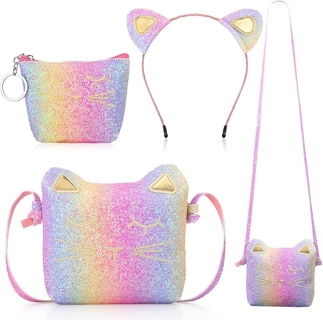 3 Pcs Cat Shoulder Bag Set, Cute Hand Bags Handbag with Mini Coin Purse Cat Headband for Christmas Girl Birthday (Glitter Rainbow Color)