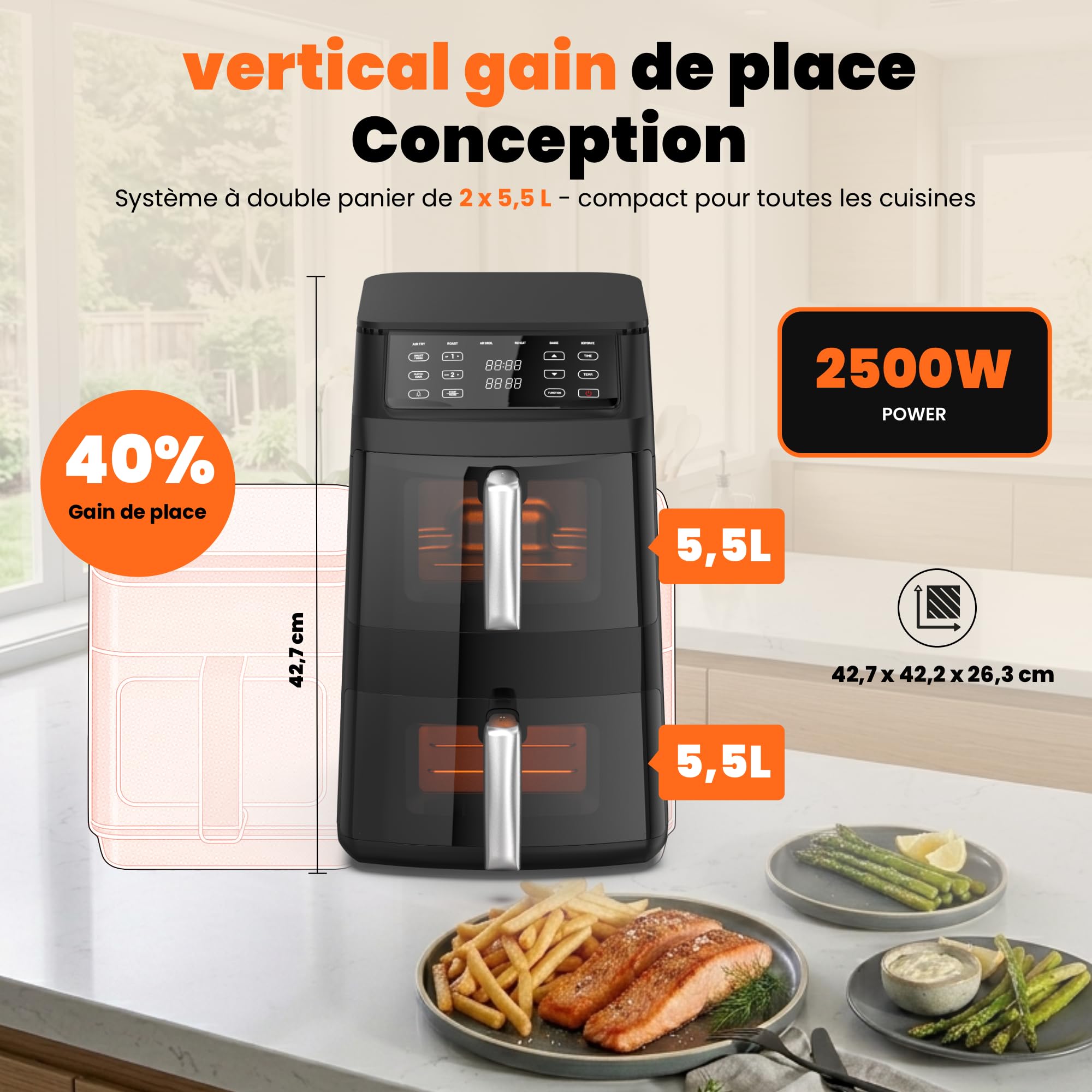 Friteuse à air chaud double XXL 11 L avec 2 chambres verticales, Smart Finish & Sync, éclairage intérieur, hublot en verre, 6 programmes automatiques, fonction grill, écran tactile.