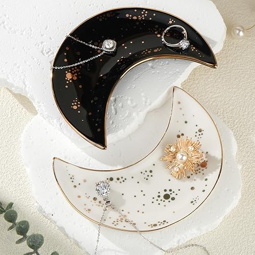 Miniatura 6 de LotFancy Bandeja de joyería, 2 bandejas decorativas de luna para anillos, aretes, collares, pulseras, llaves, soporte para anillos de cerámica