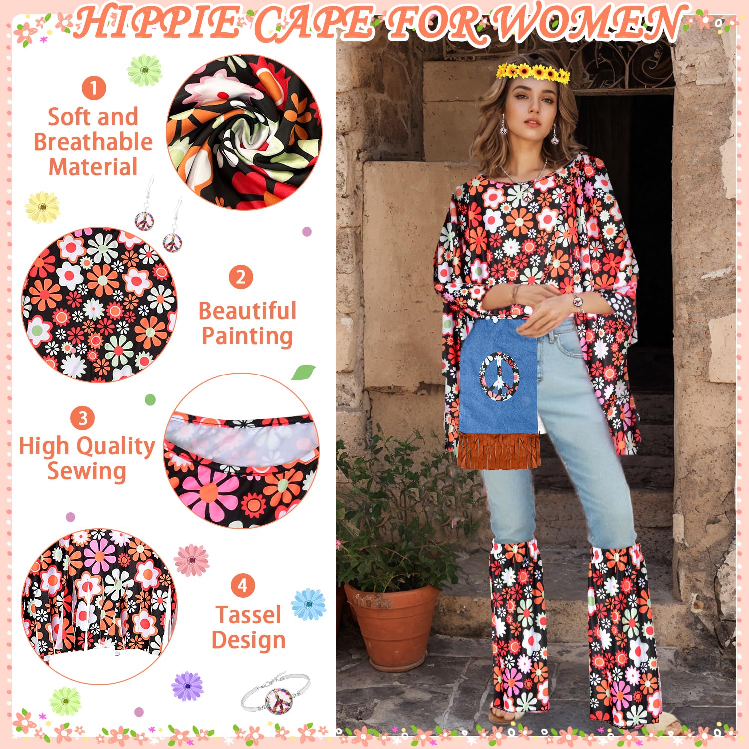 Disfraz Hippie Mujer, 9 Piezas Disfraz Años 70 Mujer, Disfraz Carnaval Mujer con Capa Hippie, Bolso Hombro Colorido, Disfraz Hippie Retro Discoteca Años 60 70 para Fiesta Carnaval