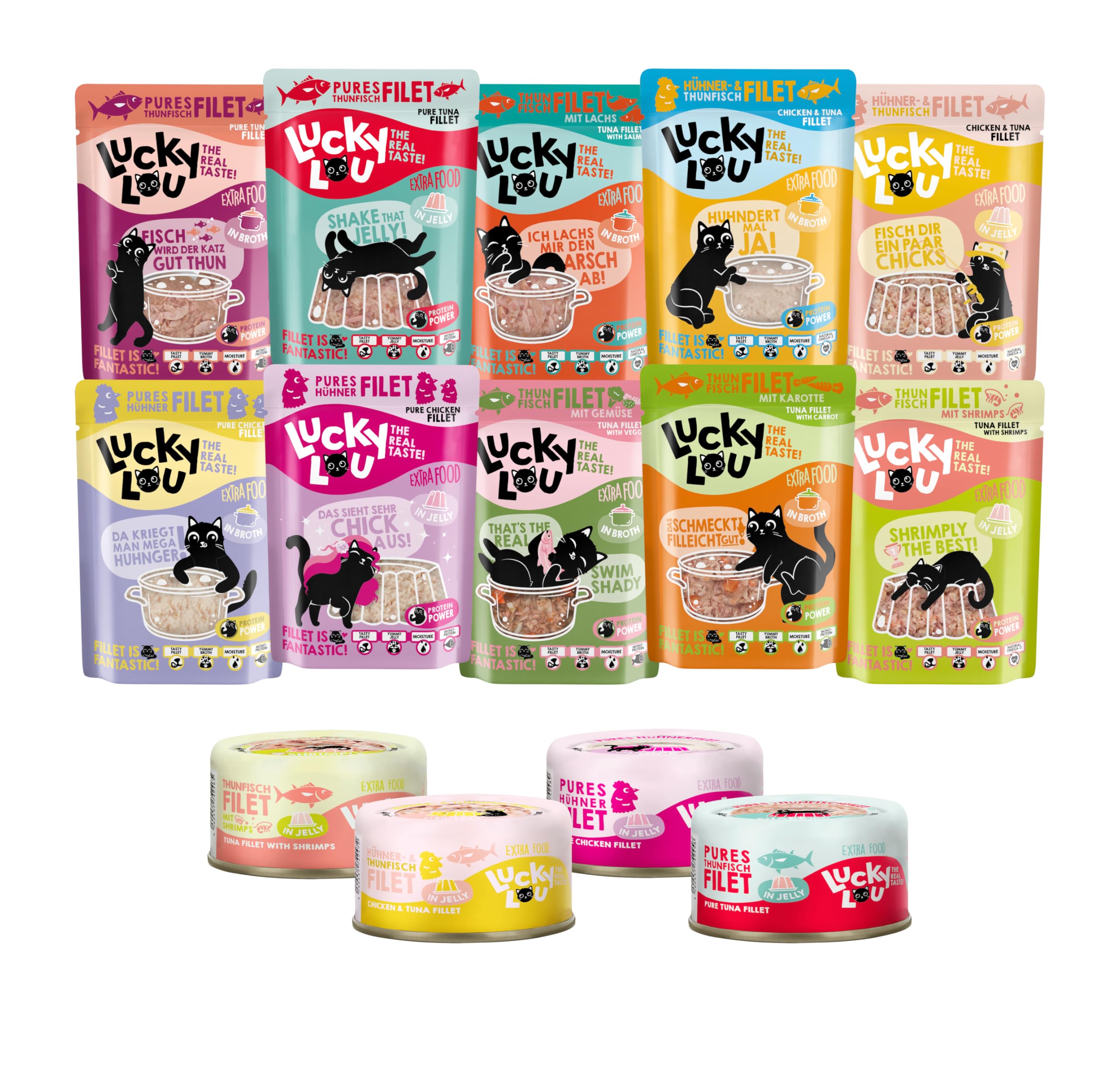 Lucky Lou Extrafood Mix-Paket 36 x 70g Katzenfutter nass - hochwertiges Katzenfutter mit viel Protein - Nassfutter getreidefrei & ohne Zucker für Katzen