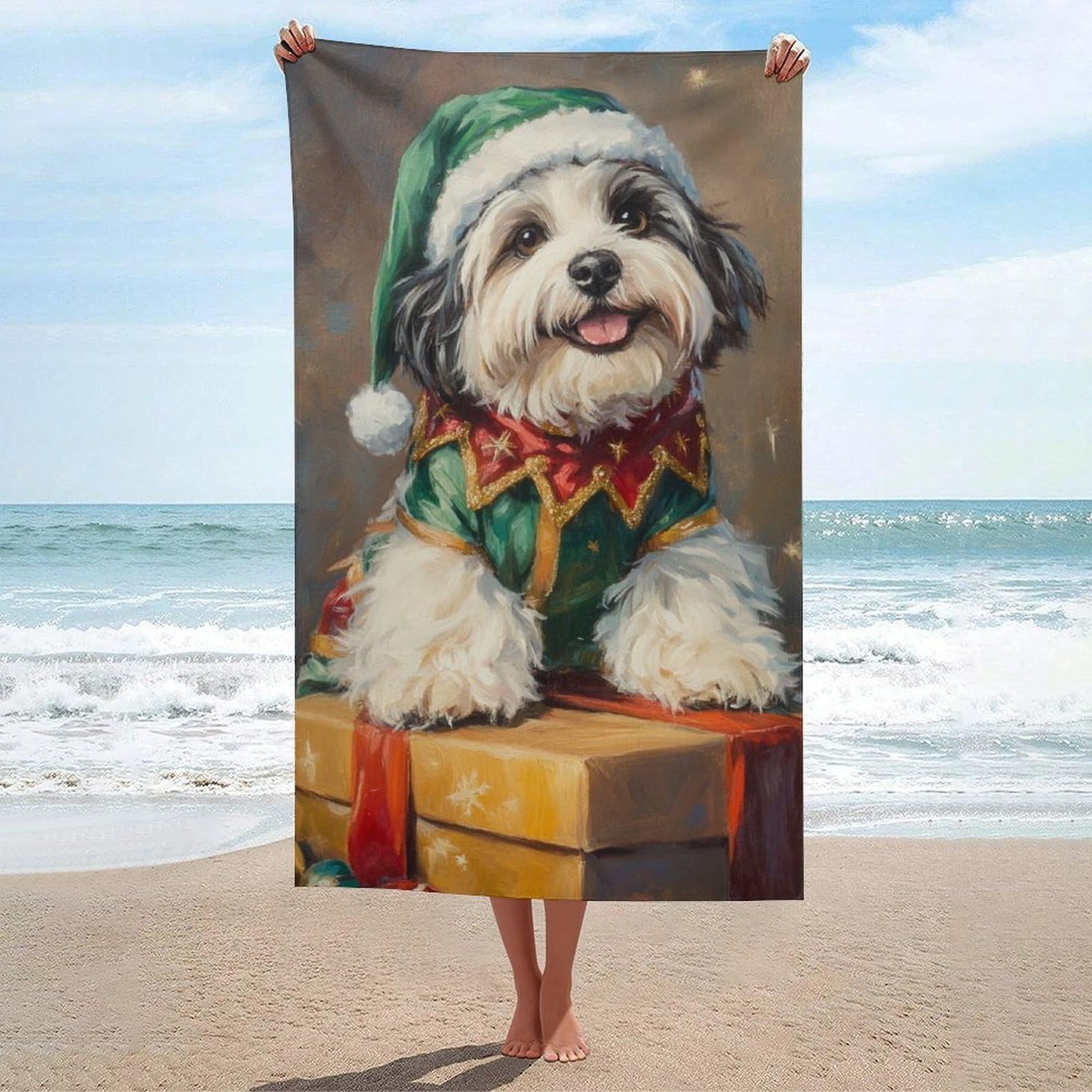 Serviette de plage anti odeur et humidité séchage rapide grand drap de bain chien Noël elfe