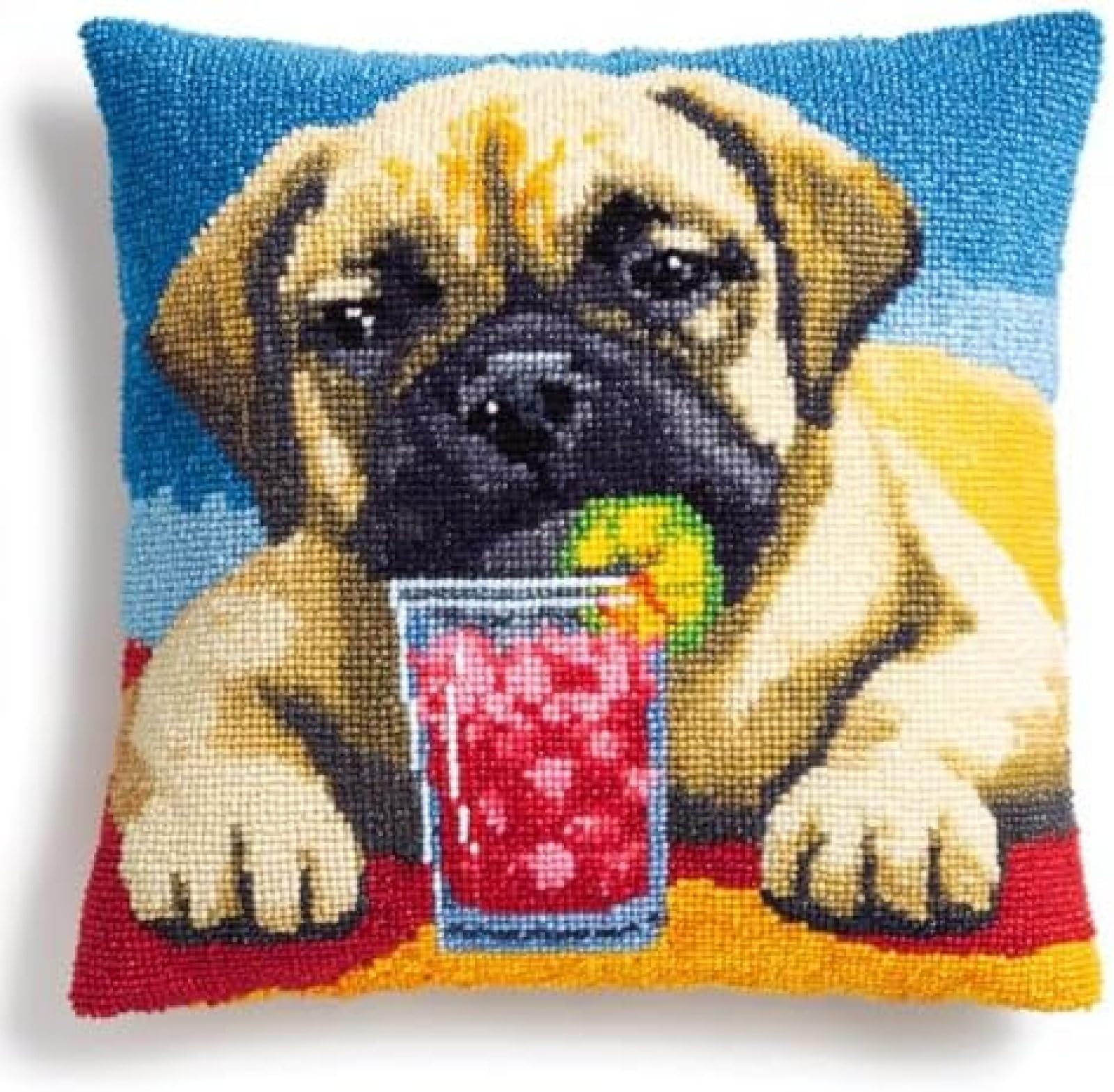 kitphoenix Latch Hook Cushion Cover Making Kit for Adults,Bullmastiff Dog Drink Juice,DIY Handmade Craft Gift with Yarn,Hook and Printed Canvas,43x43 cm