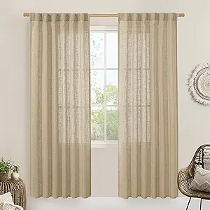 LAMIT Linen Blended Curtains for Bedroom, Faux Linen Textured Light Filtering Drapes Back Tab and Rod Pocket Boho Burlap Panels for Farmhouse/Living Room, 2 Panels, 52 x 80 Inch, Brown