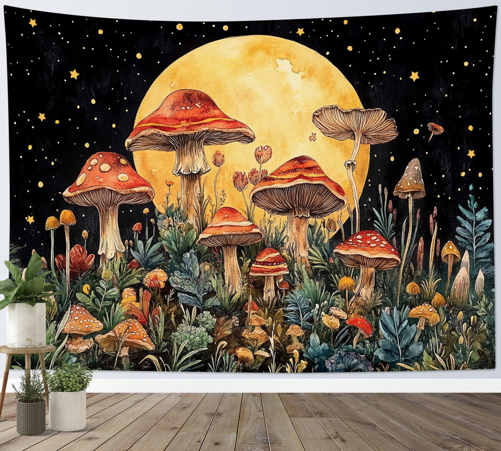 LB Mushroom Tapestry Vintage Botanical Plants with Flower Tapestry Wall Hanging Orange Moon with Stars in Black Sky Tapestries for Living Room Bedroom Dorm Wall Decor,59x51 inch โ image 1