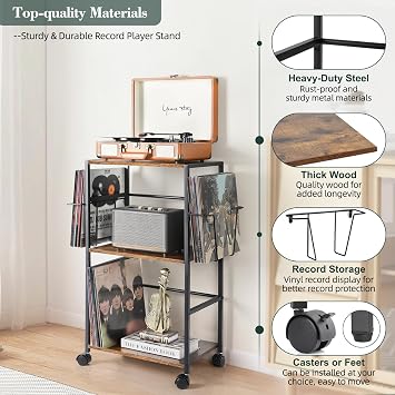 Bikoney Rolling Record Player Stand with Vinyl Storage for 150 Albums