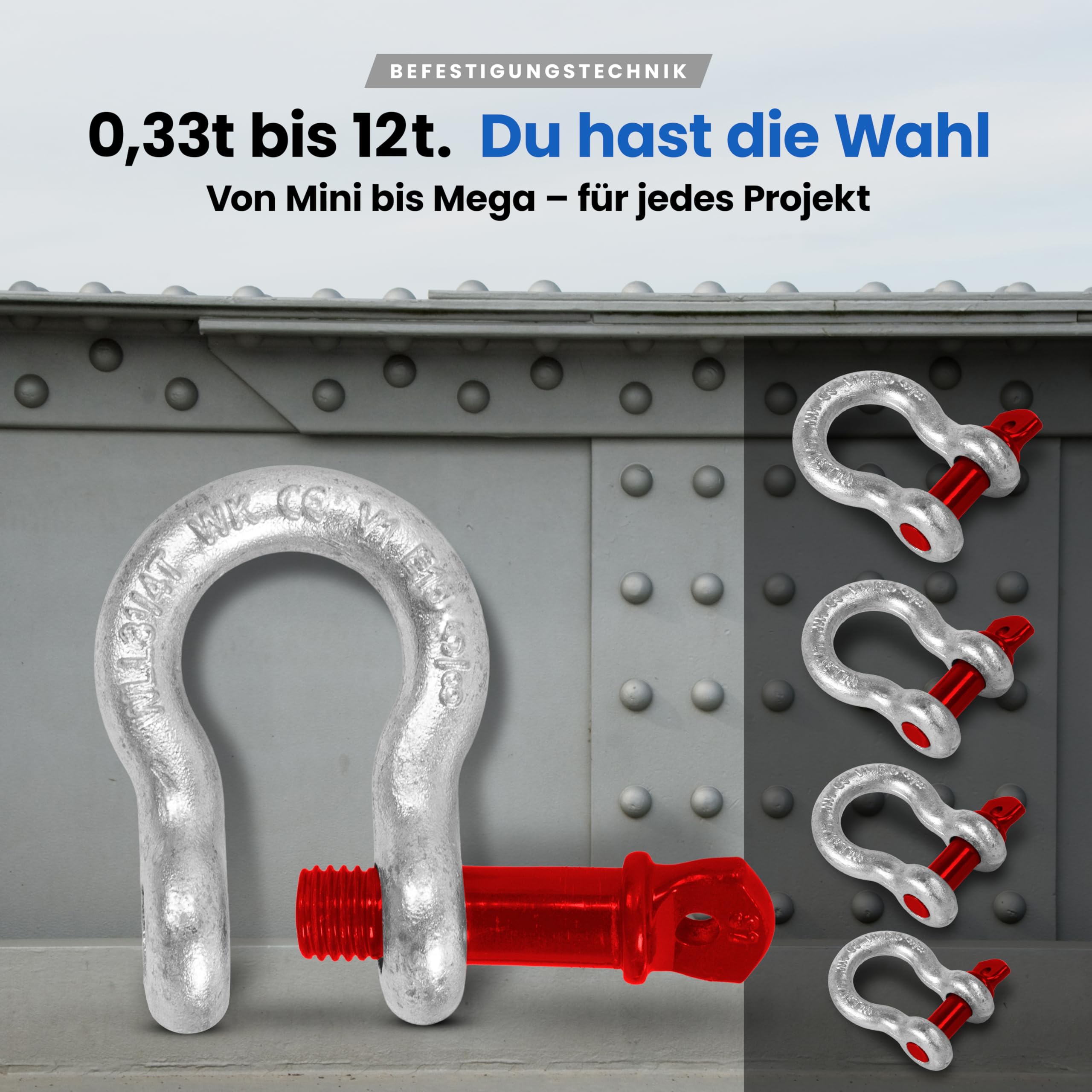 Schäkel hochfest geschweift - Größe & Menge wählbar: WLL 0,33-12 Tonnen Tragkraft - hochbelastbarer feuerverzinkter Stahl (1 Stk, 6,5t)