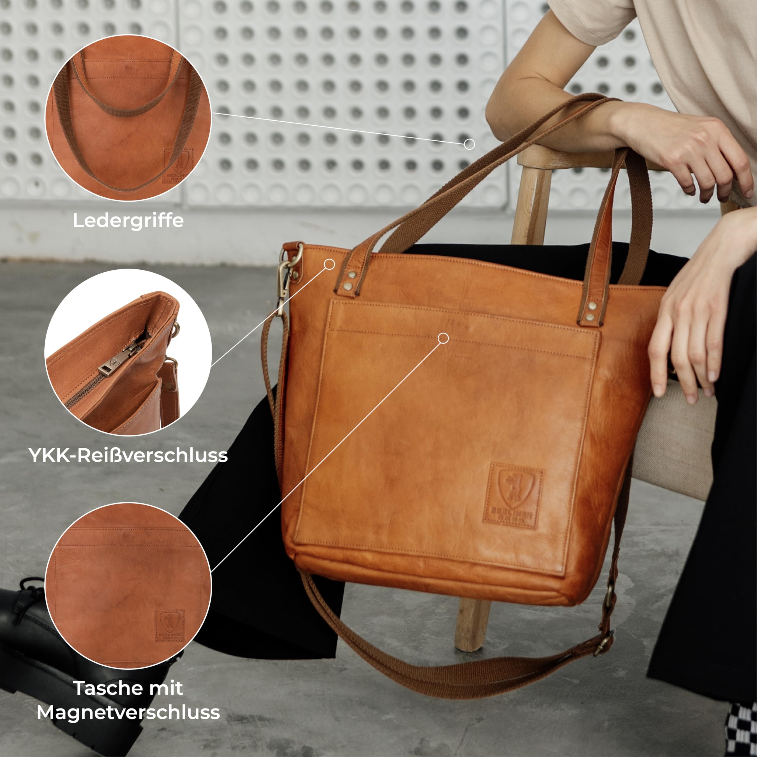 Berliner Bags Vintage Umhängetasche Verona, Große Schultertasche aus Leder mit YKK Reißverschluss, Shopper, Henkeltasche für Damen