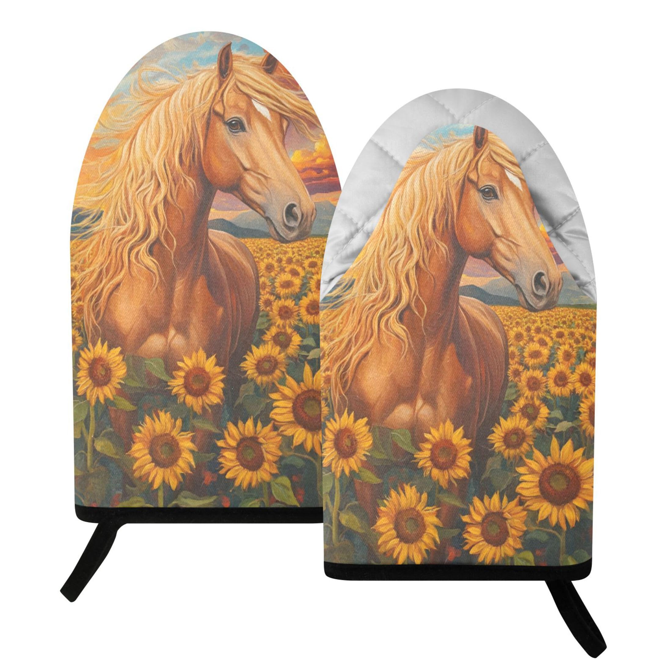 Fuauuyl Oven Mitts Heat Resistant Kitchen Gloves, Horse Sunflower Classic Oven Gloves with Hanging Loop for Baking BBQ Cooking Grilling, 1 Pair, 9.5 in
