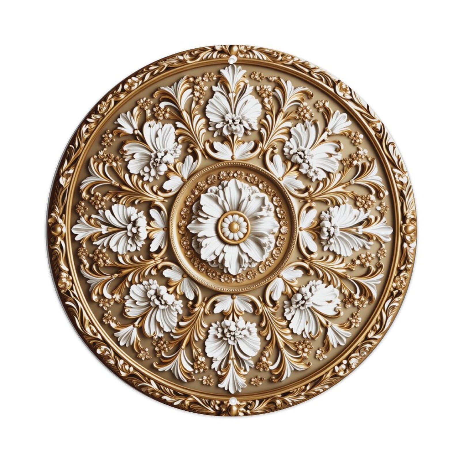Floral Ornate Gold White Circular Round Tin Sign Vintage Metal Poster, Home Bar Garage Man Cave Cafe Indoor & Outdoor Wall Decoration 8x8Inches