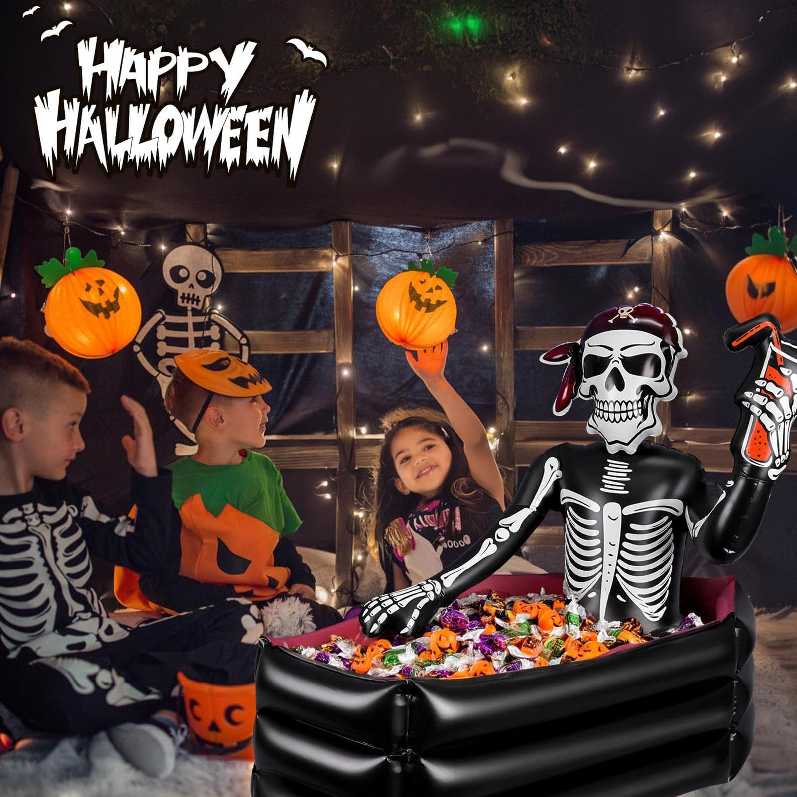 Halloween Aufblasbarer Kühler - 35 Zoll Schädel Sarg Eiskübel | Party Decor Große Kapazität Getränkehalter mit Skelett | Indoor Outdoor Garten Terrasse Pool Kühler 1000g 90x60x90cm Wiederverwendbar