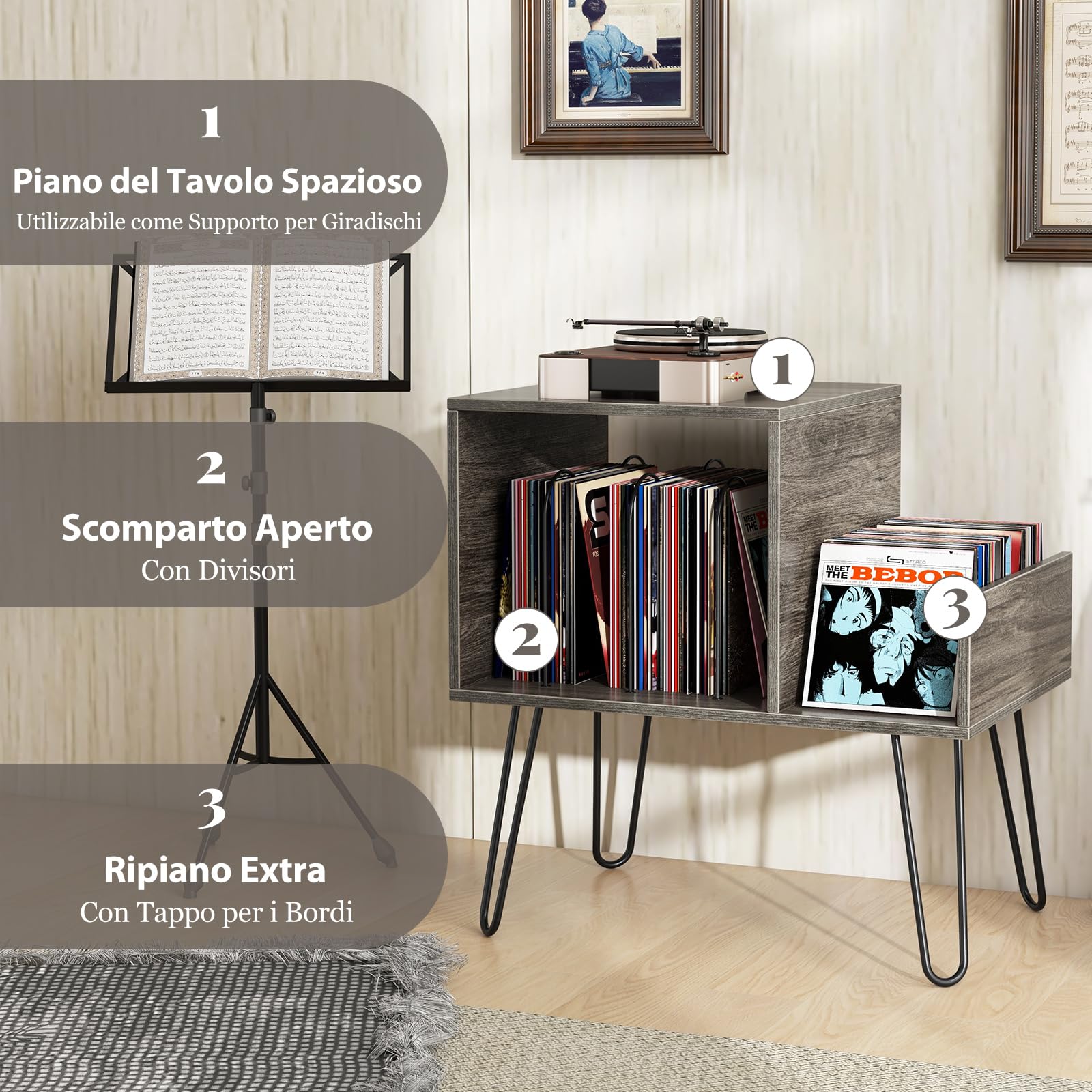 COSTWAY Supporto per Giradischi con Presa di Corrente, Espositore per Dischi con Presa di Corrente e Porta USB, Capacità Fino a 145 Album, per Soggiorno e Camera da Letto, 66 x 45 x 67 cm (Grigio)