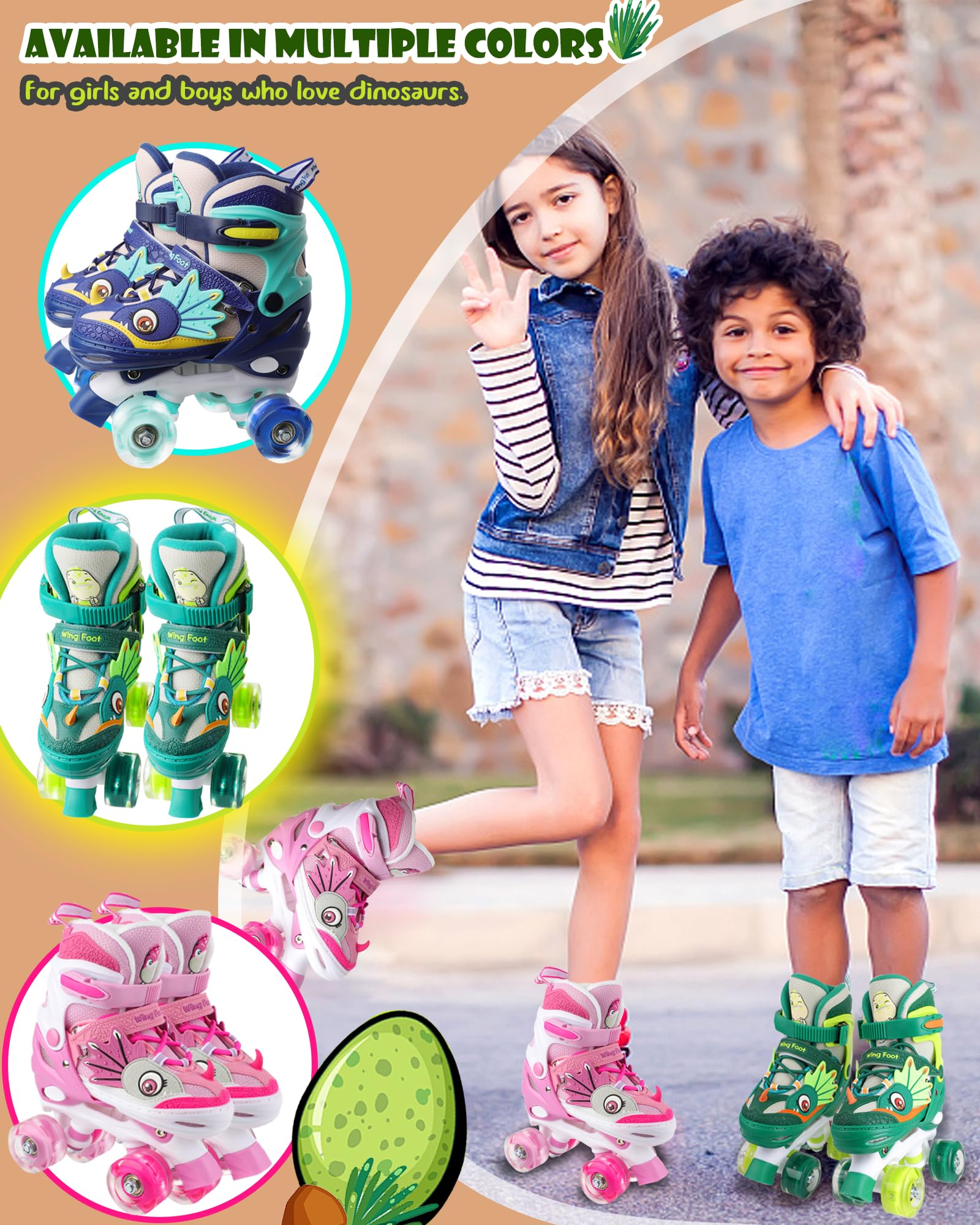 Pattini a Rotelle Bambina Dinosauro Regolabili con Ruote LED Rosa XS/S/M