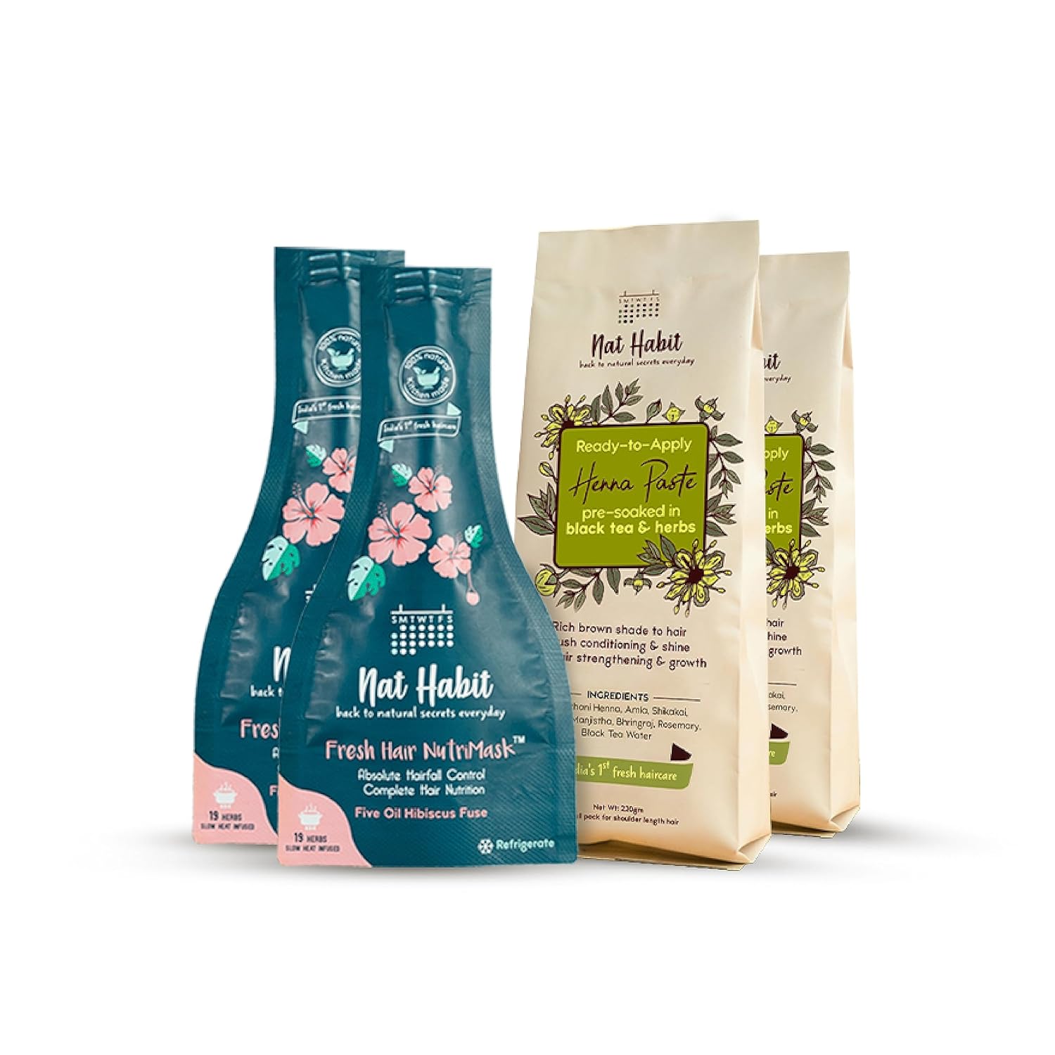 Nat Habit Fresh Ready-To-Apply Henna Paste & Five Oil Hibiscus Hair NutriMask – The Ideal Combo For Deep Conditioning Hair With Rich Dark Brown Color (Combo Pack of 4)