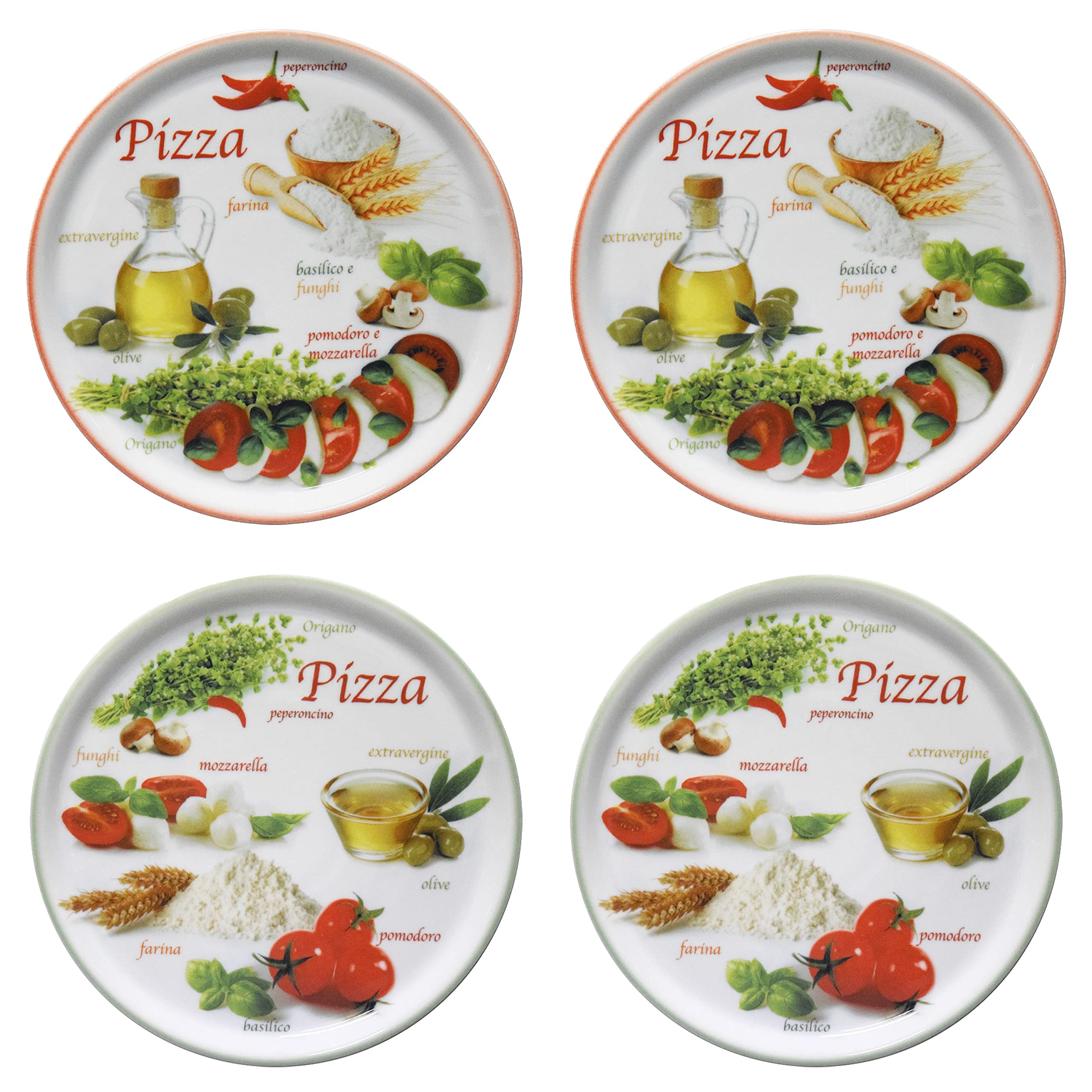 MamboCat Lot de 4 assiettes à pizza Napoli Green & Red I Ø 32 cm – Grand I 4 personnes I Assiette avec 2 motifs différents I Décorée I Pour pizzas ou présentation I Porcelaine