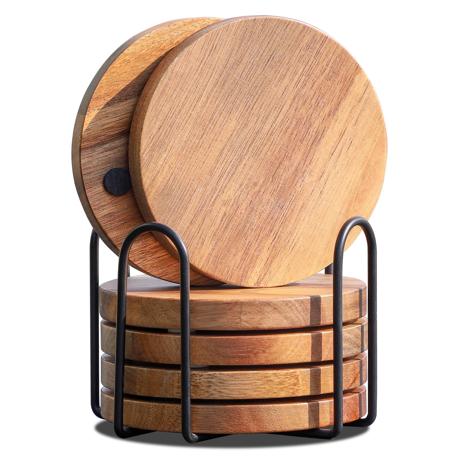 WLWNWFT Untersetzer Gläser Holz 6er Set, Glasuntersetzer aus Akazienholz mit Halter, Holz untersetzer Rund, Tassenuntersetzer Bierdeckel Set