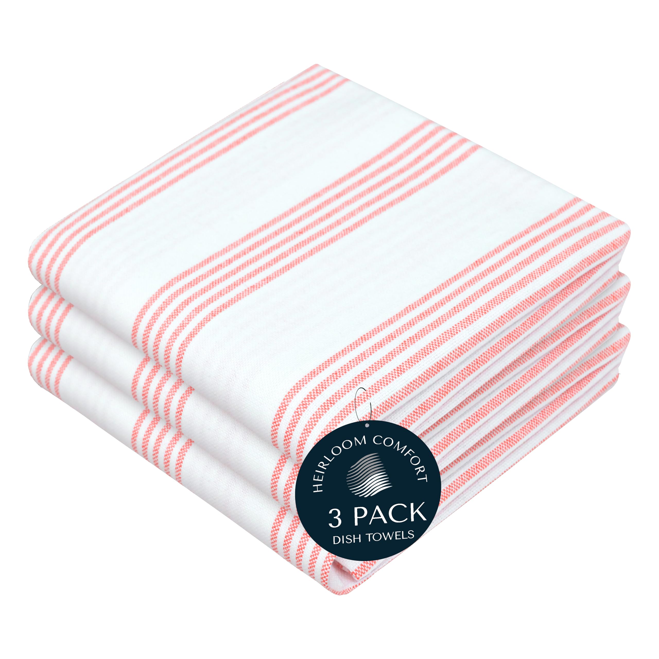 HEIRLOOM COMFORT Orange Stripe Cotton Kitchen Towels Set of 3, Durable & Super Absorbent Dishcloths Pack
