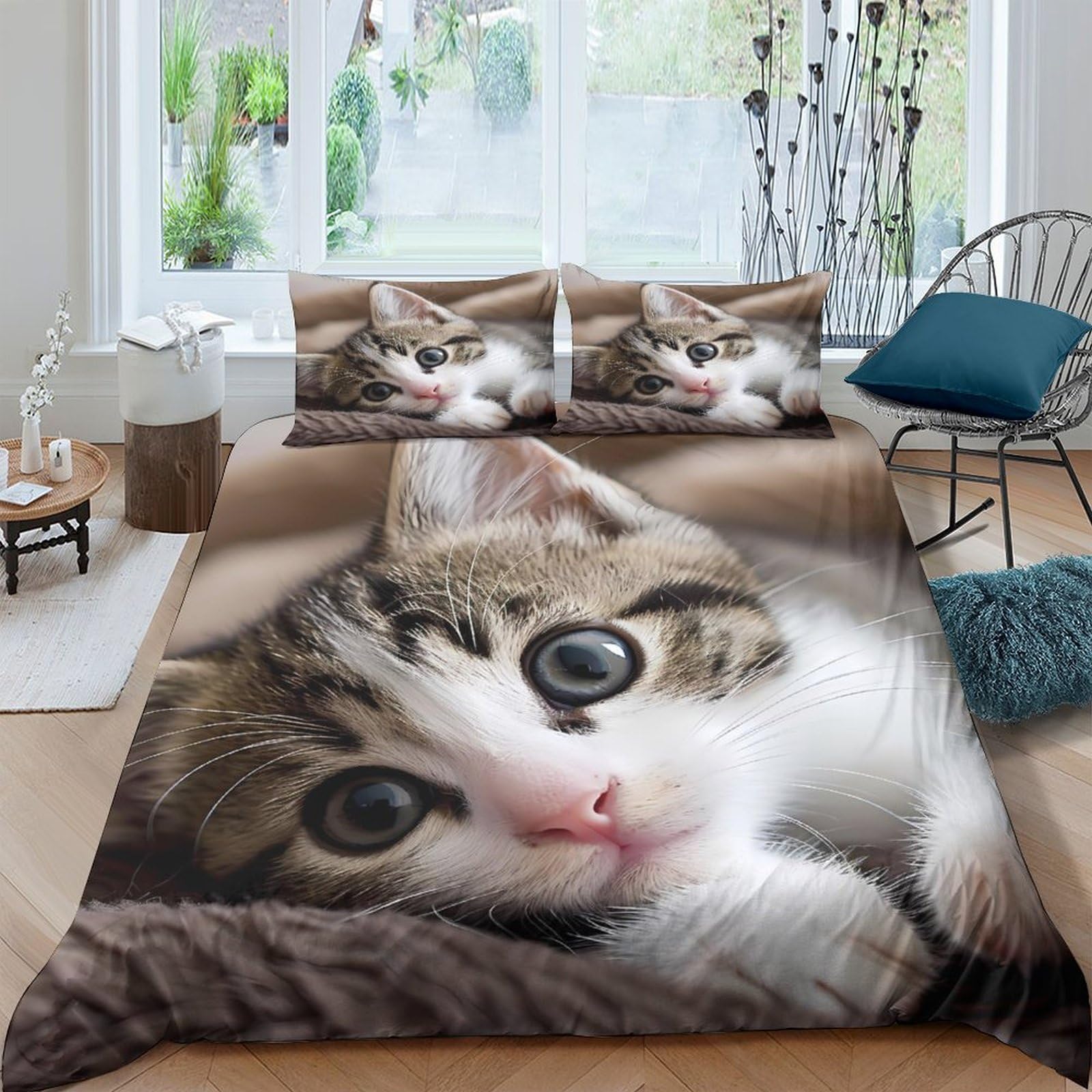 Ctjqhvkz Style-1 3D Printed Cute Kitten Fitted Sheet Microfiber Soft Breathable Cat Face Mattress Cover Bedroom Decor Dorm Protector Single（135X200cm）