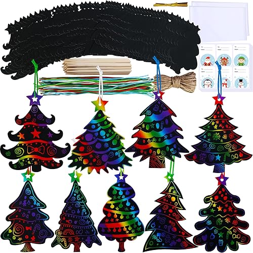 Winlyn 54 juegos de 9 estilos mágicos de color negro, adornos para árbol de Navidad, arco iris, arte para rascar, kit de manualidades de Navidad