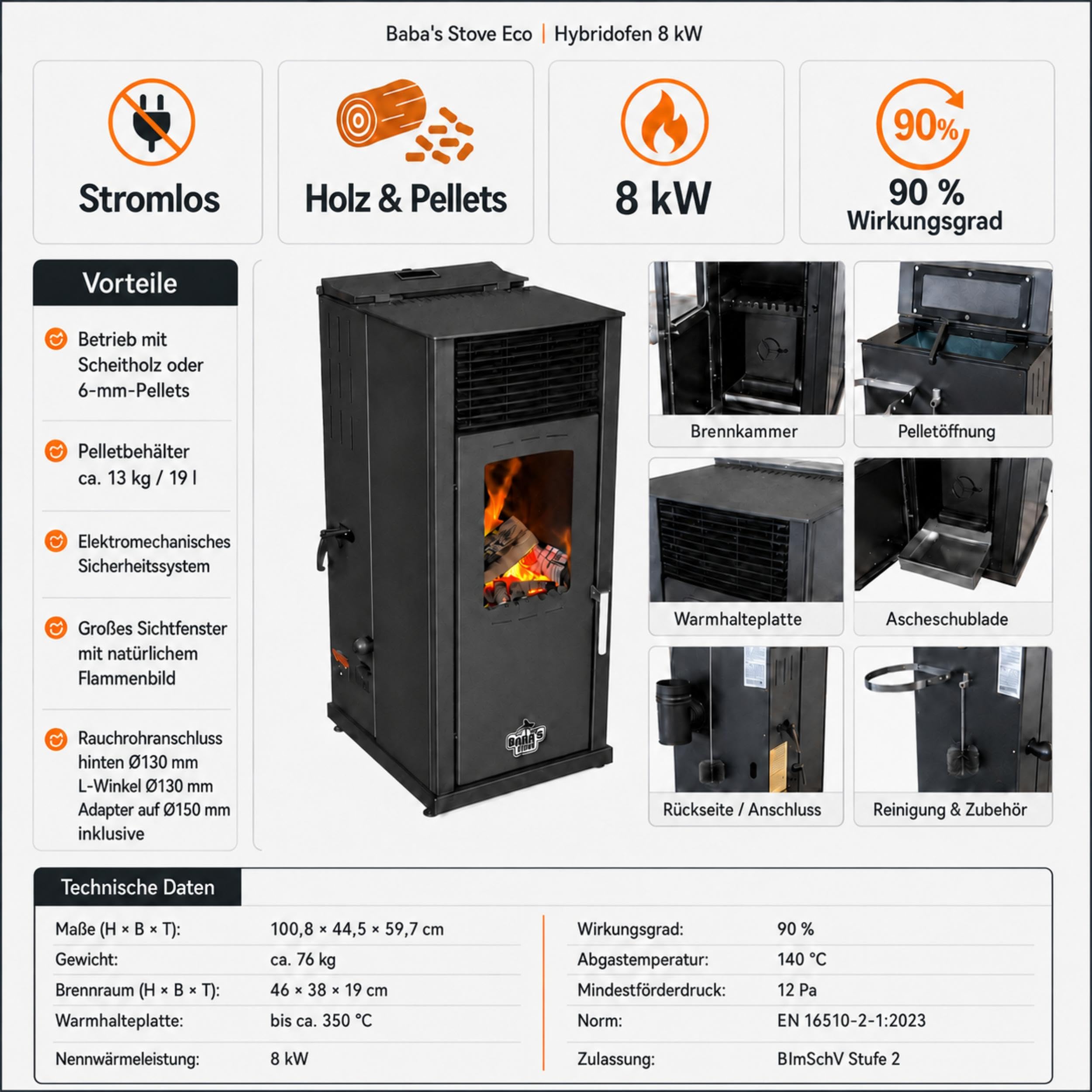 Babas Eco Hybridofen Pellets und Holz Kombiofen Kaminofen 8 kW Pelletofen ohne Strom Schwarz Holzofen Holz Ofen Kamin