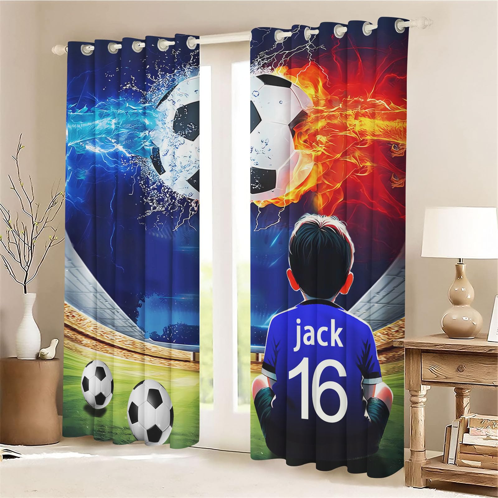 CHEFFS Cortinas opacas de fútbol con ojales, personalizadas, para niños (1150 x 166 cm)