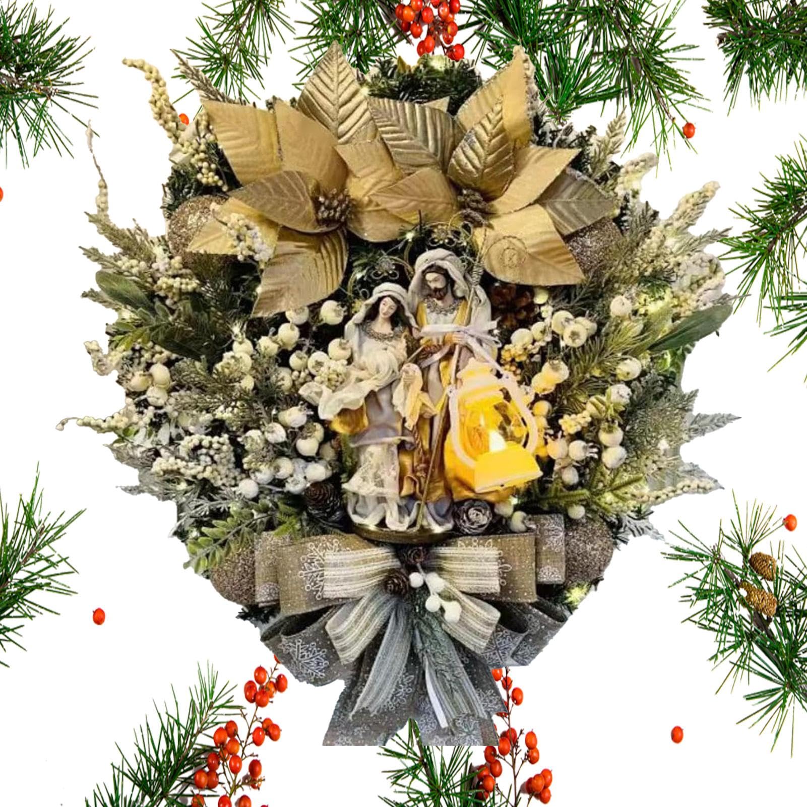 Couronne de Noël éclairée, Guirlande de Sainte, Crèche de Noël éclairée, décorations de Porte pour l'extérieur, la Maison, Les Vacances