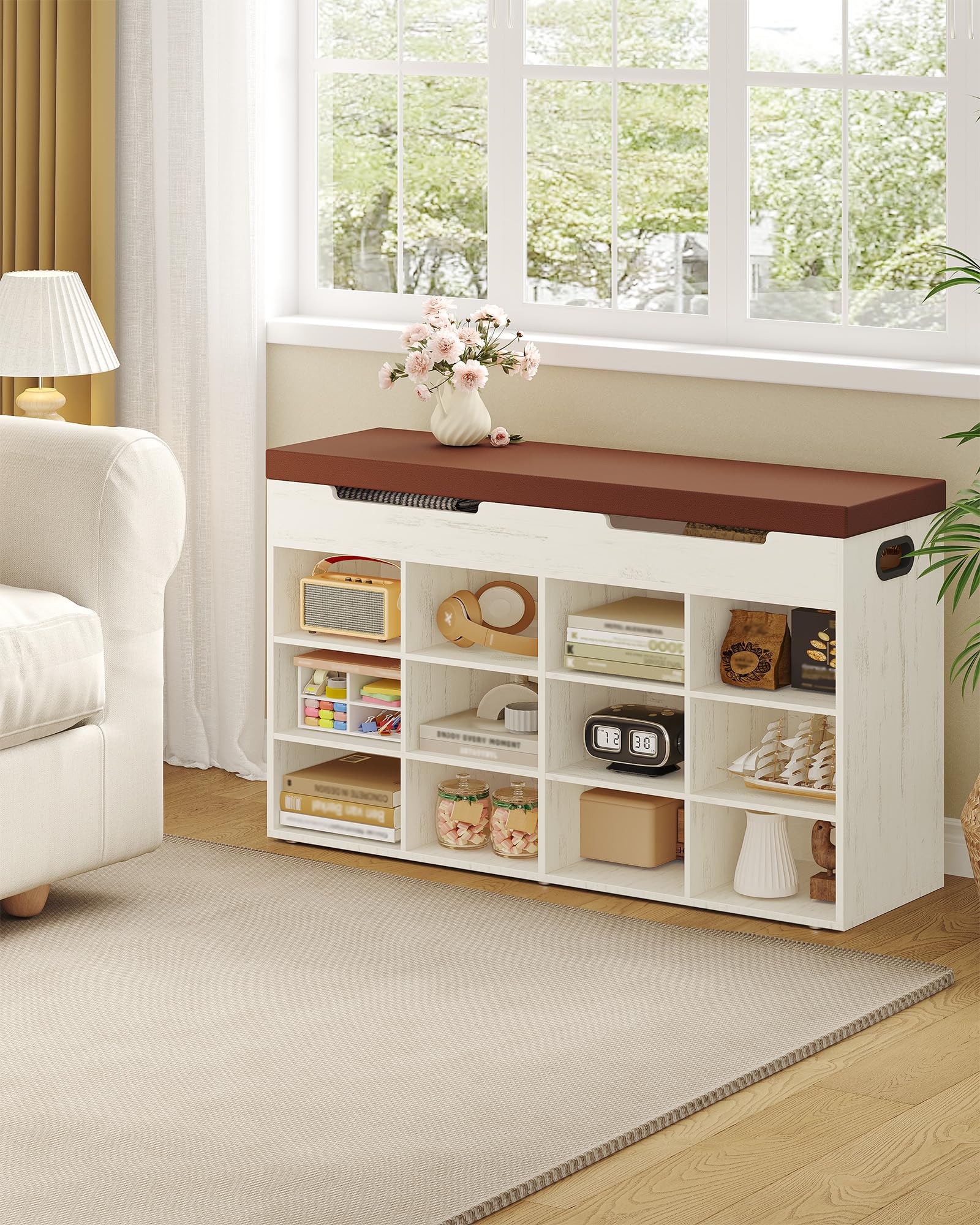 Hzuaneri Banco Zapatero, Zapatero con Asiento, Banco con Espacio de Almacenamiento, 12 Compartimentos, Estantes Extraíbles, Edecuado para Salón, Pasillo, Entrada 30 x 100 x 55,4 cm Marrón y Blanco
